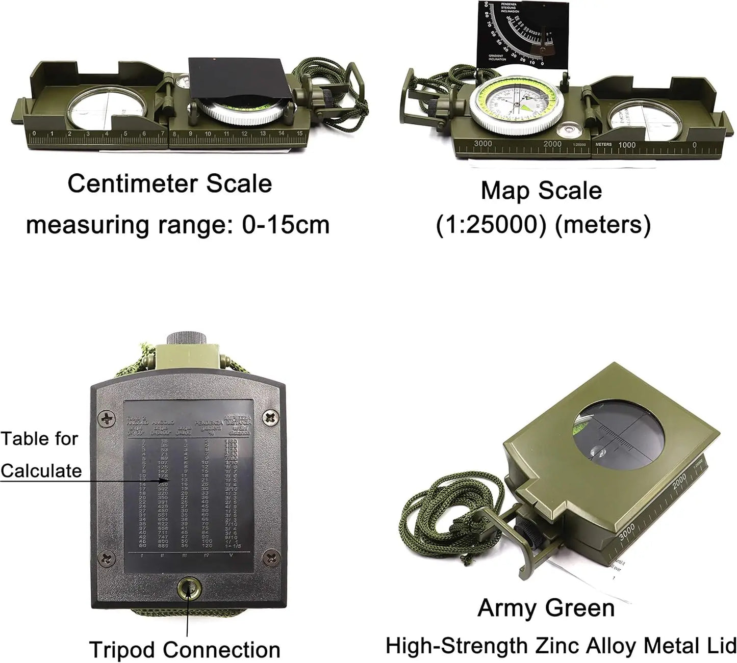 Mulitifunctional High Precision Outdoor Survival Compass Camping Waterproof Metal with Fluorescent Geological Compass