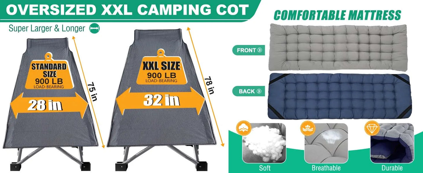 XXL Folding Camping Cot, 78" L x 32" W x 18" H Heavy Duty Sleeping Cots with Carry Bag, Double Layer Oxford