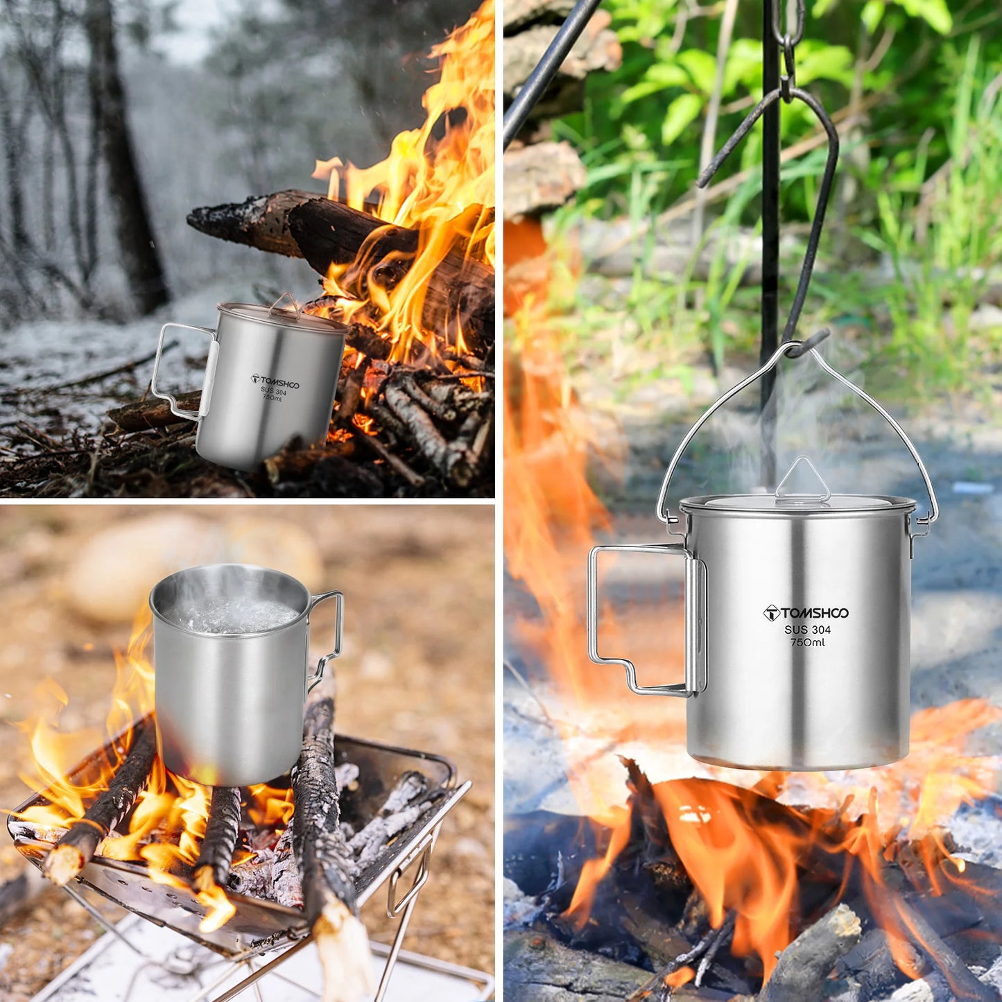 1.05L Stainless Steel Water Bottle Leak Proof  W 750ml Water Cup Hanging Pot for Outdoor Camping