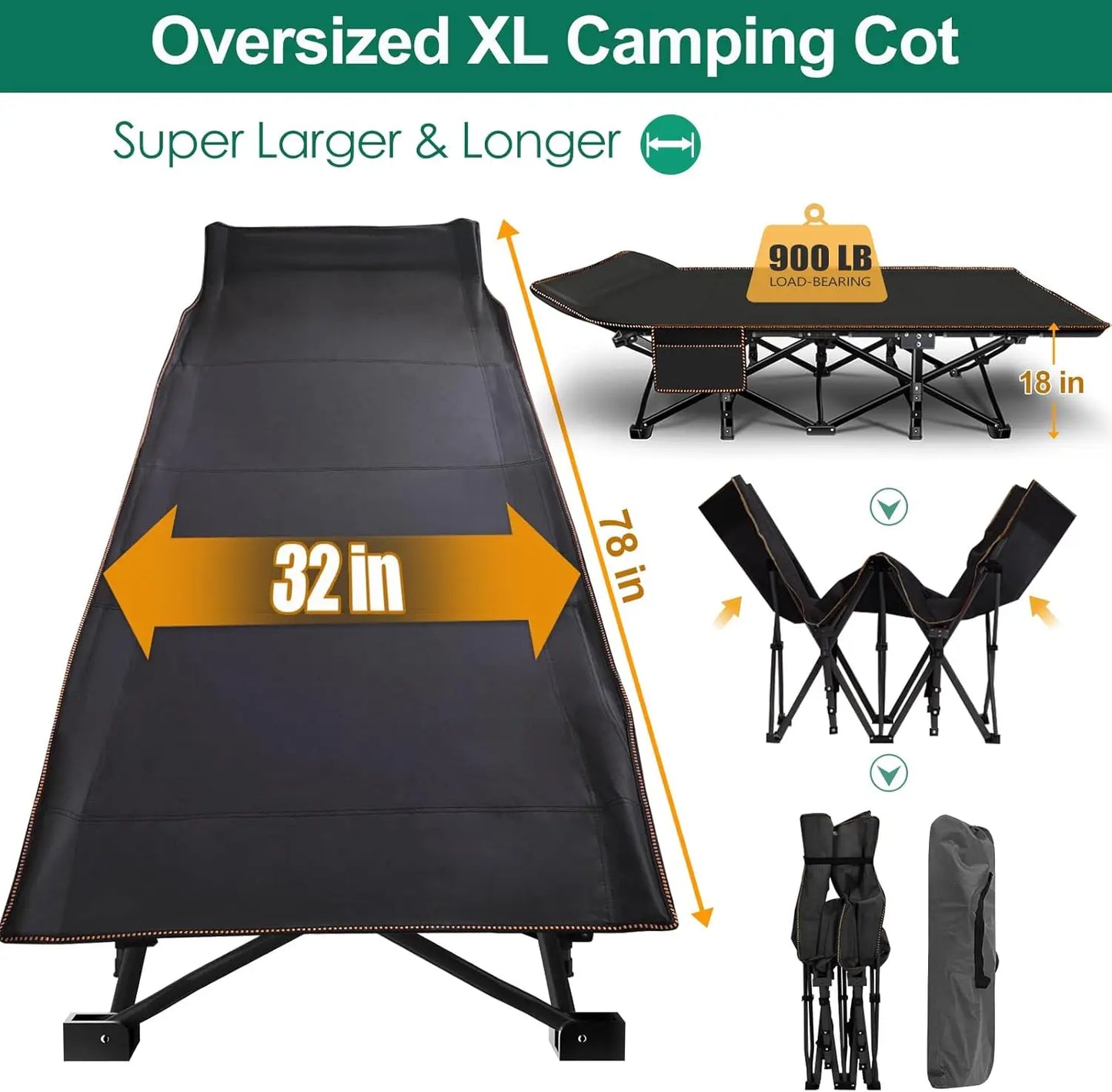 XXL Folding Camping Cot, 78" L x 32" W x 18" H Heavy Duty Sleeping Cots with Carry Bag, Double Layer Oxford