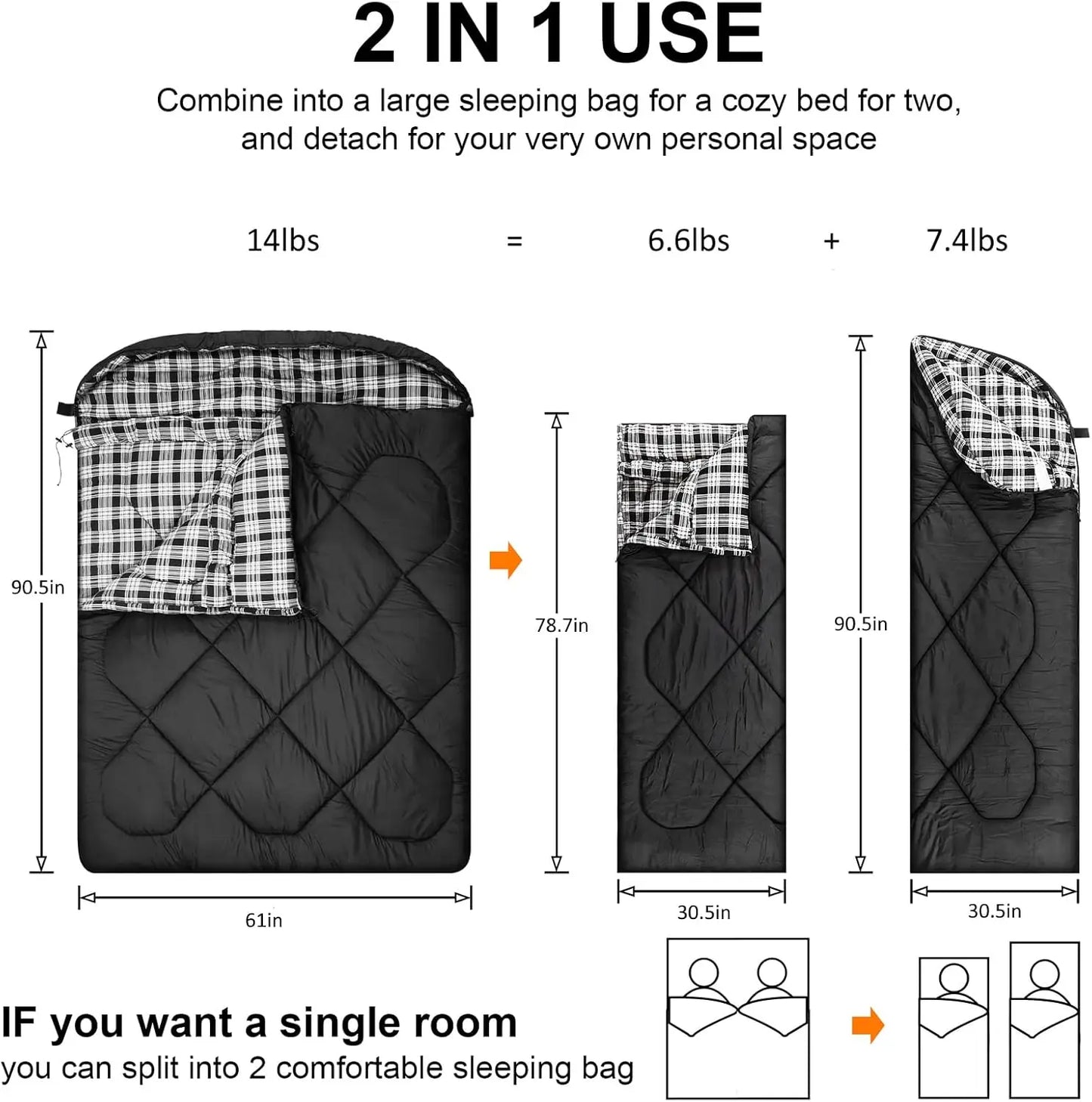 Sleeping Bag for Adults,Cotton Flannel Lined 2 Person Cold Weather Queen Size Sleeping Bag