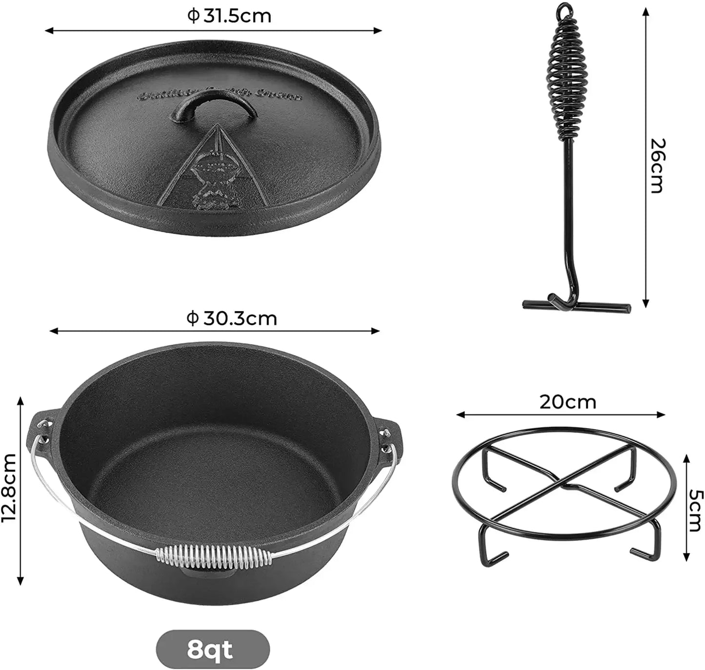 Outdoor Dutch Oven with Lid Lifter Support and Screw Handle Cast Iron Pot for Outdoor and Indoor Cooking 7.5L