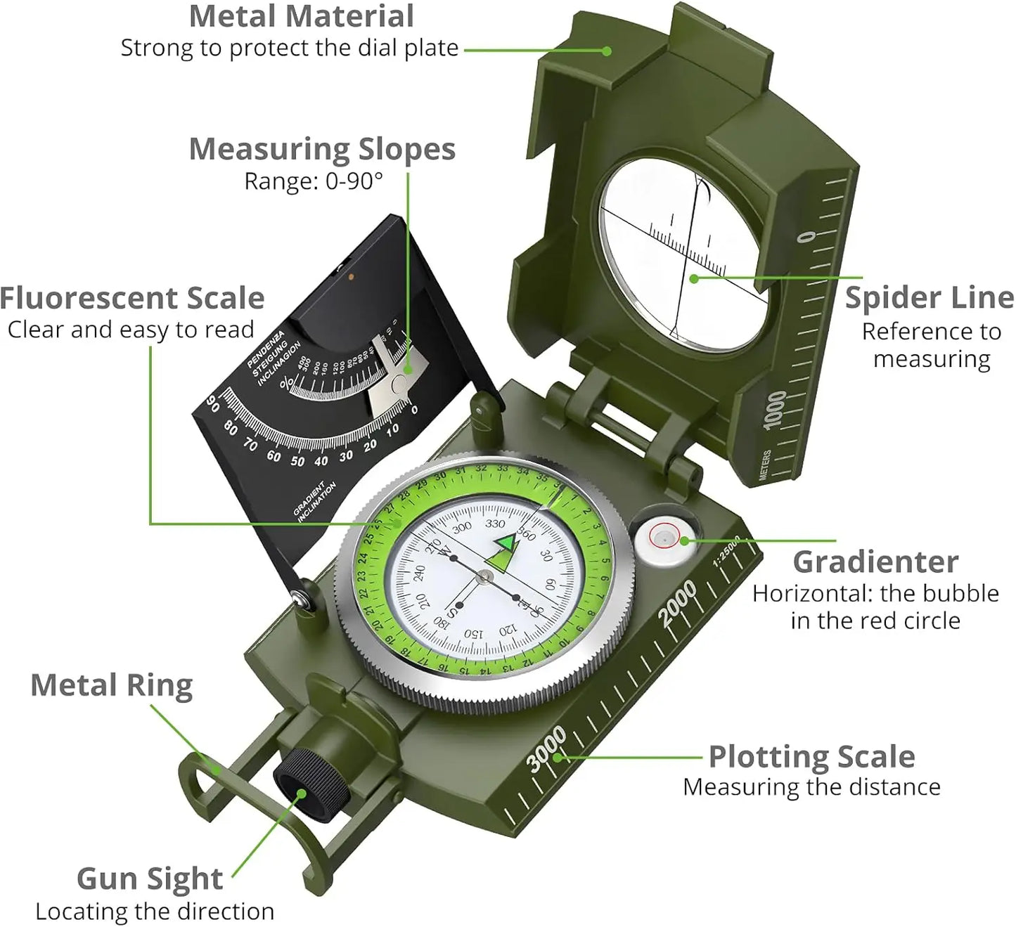 Mulitifunctional High Precision Outdoor Survival Compass Camping Waterproof Metal with Fluorescent Geological Compass