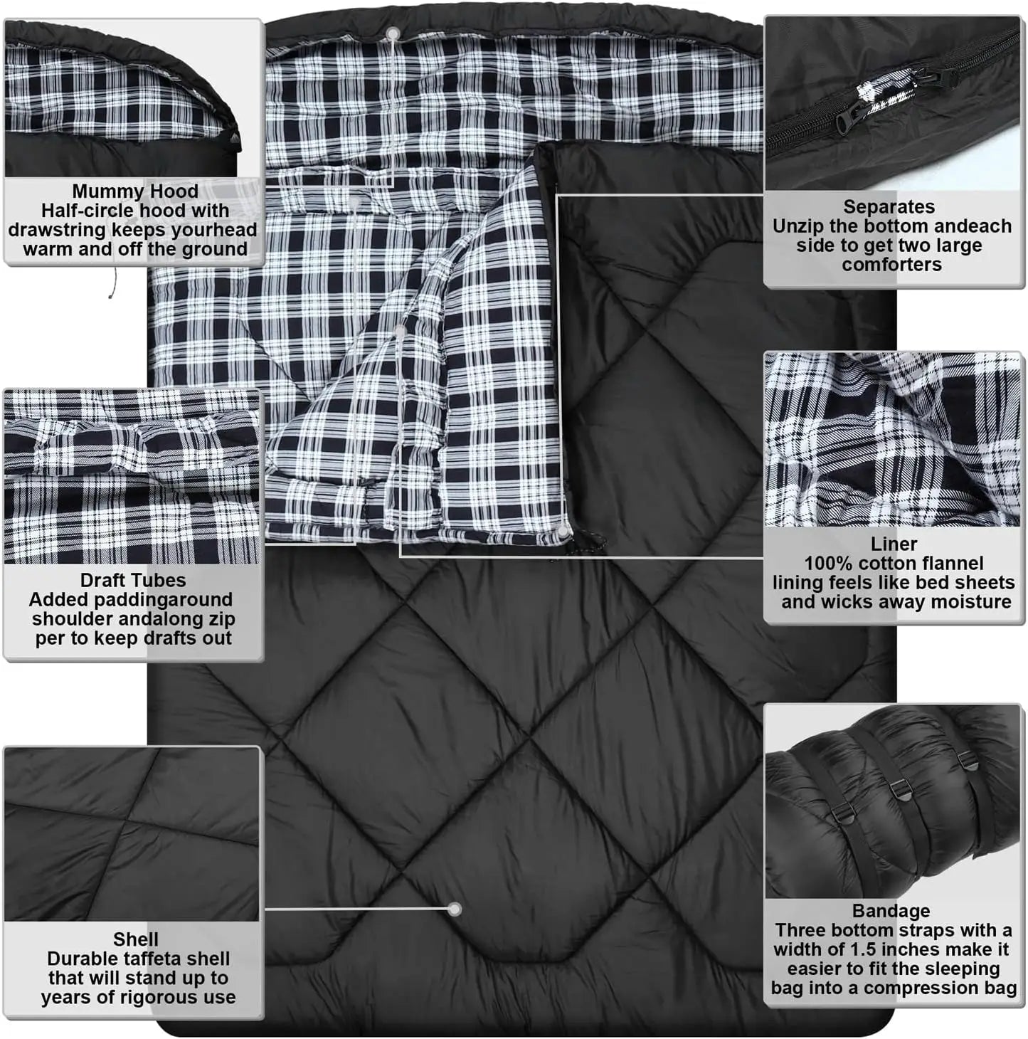 Sleeping Bag for Adults,Cotton Flannel Lined 2 Person Cold Weather Queen Size Sleeping Bag