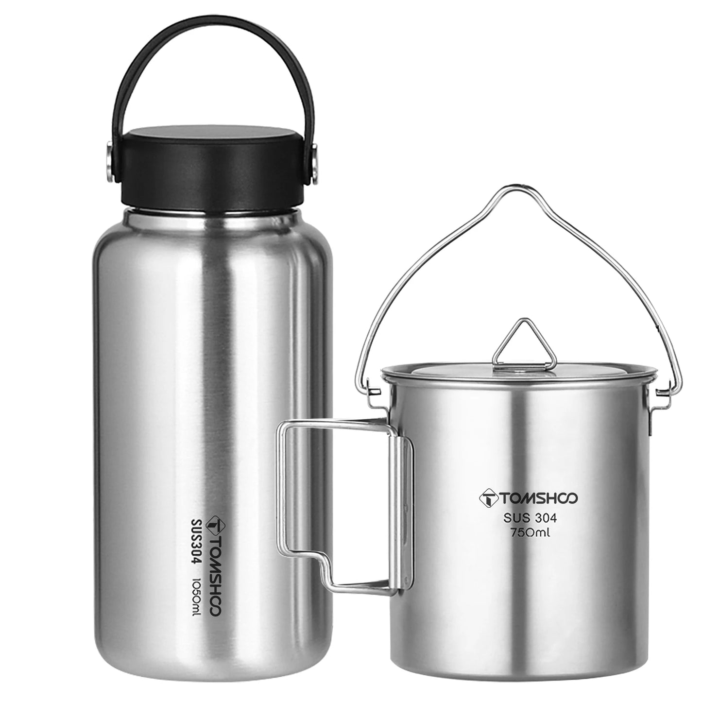 1.05L Stainless Steel Water Bottle Leak Proof  W 750ml Water Cup Hanging Pot for Outdoor Camping