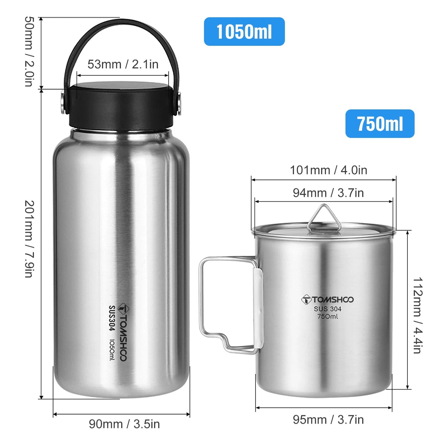 1.05L Stainless Steel Water Bottle Leak Proof  W 750ml Water Cup Hanging Pot for Outdoor Camping