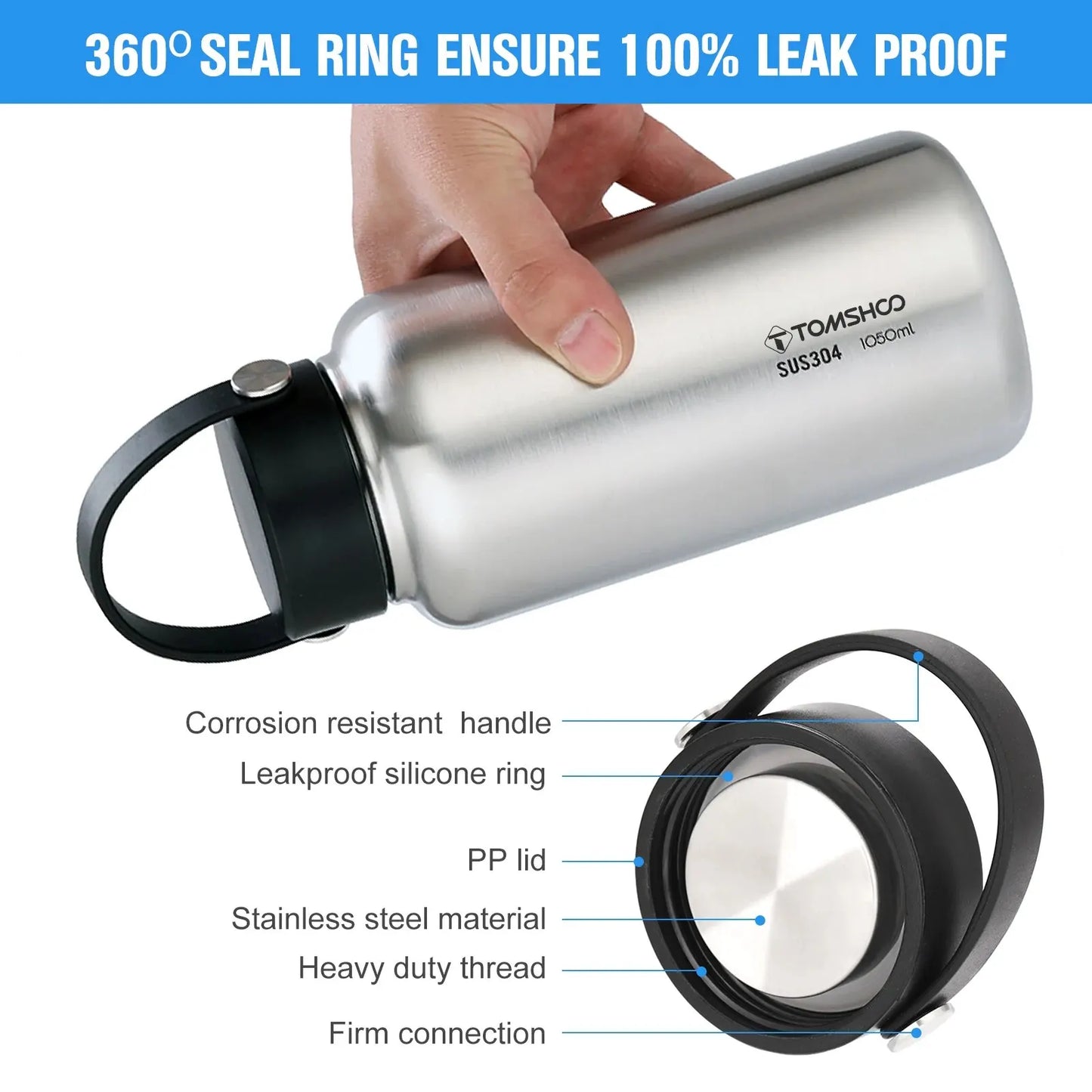 1.05L Stainless Steel Water Bottle Leak Proof  W 750ml Water Cup Hanging Pot for Outdoor Camping