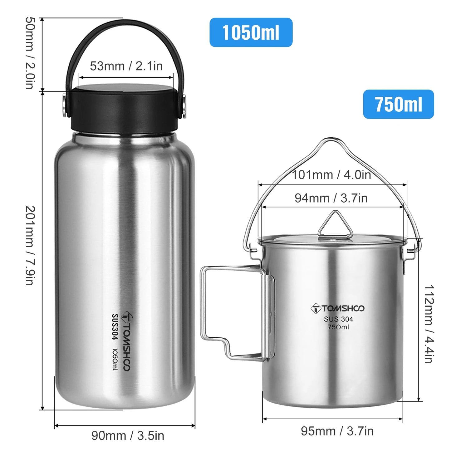 1.05L Stainless Steel Water Bottle Leak Proof  W 750ml Water Cup Hanging Pot for Outdoor Camping