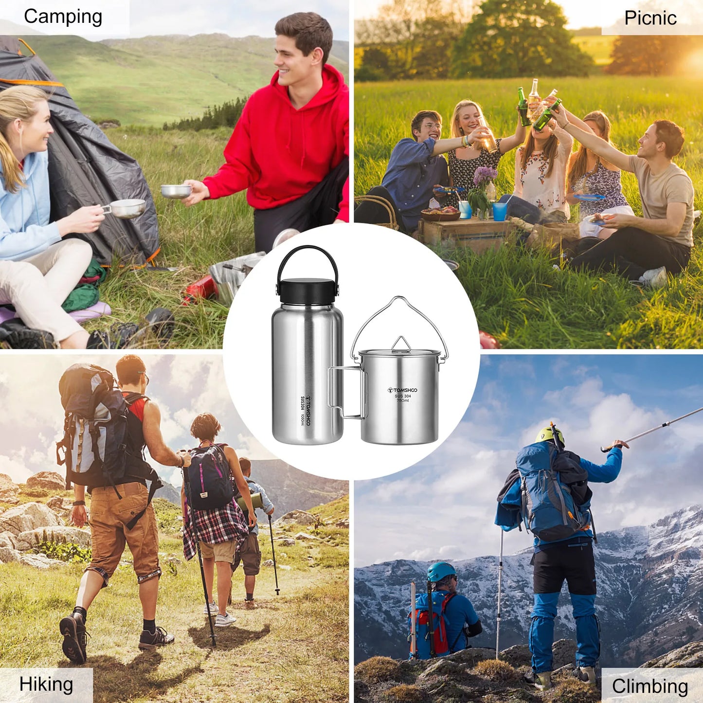 1.05L Stainless Steel Water Bottle Leak Proof  W 750ml Water Cup Hanging Pot for Outdoor Camping