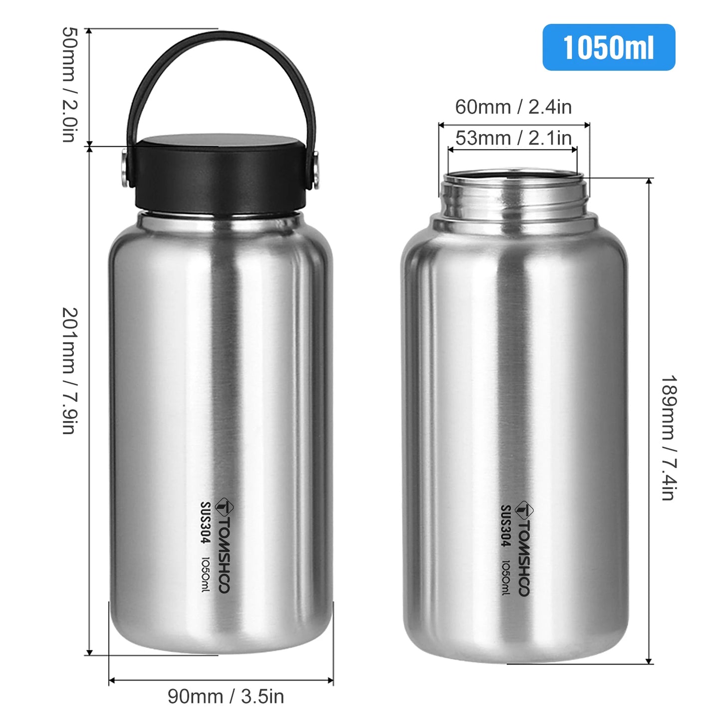 1.05L Stainless Steel Water Bottle Leak Proof  W 750ml Water Cup Hanging Pot for Outdoor Camping