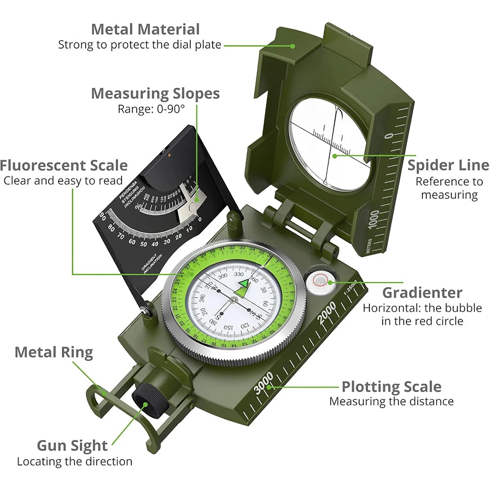 Mulitifunctional High Precision Outdoor Survival Compass Camping Waterproof Metal with Fluorescent Geological Compass